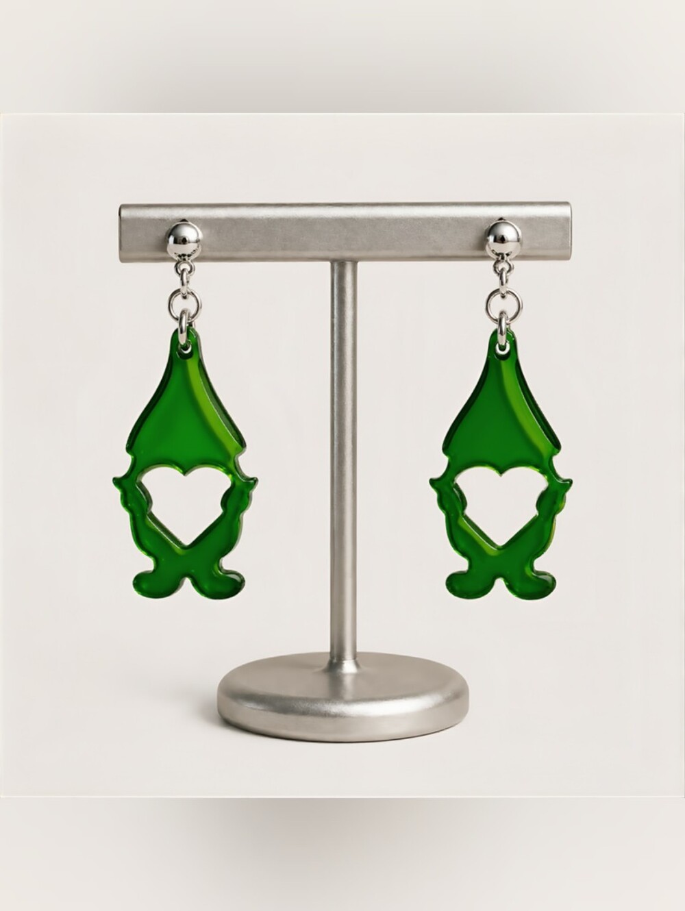 Handmade Green Resin Gnome Heart Dangle Earrings | Holiday Christmas Jewelry NWT